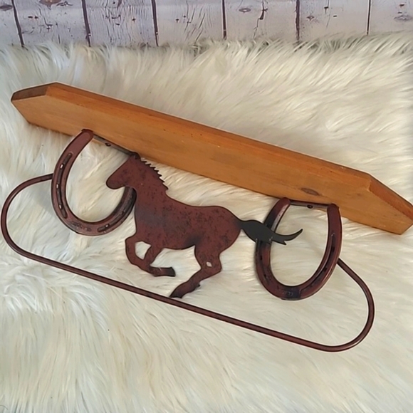 Western Horse Float Shelf Towel Bar Wood Metal Horseshoe Cowboy Wall Art Rustic - Picture 7 of 17